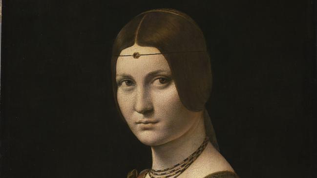 Detail from Portrait of a Young Woman of the Court of Milan is on display at the Louvre in Paris as part of the blockbuster Leonardo da Vinci exhibition.