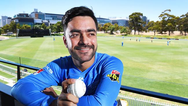 Superstar leg-spinner Rashid Khan who arrived Saturday night poses at the Karen Rolton Oval Pavilion during a practise match between Adelaide Strikers and the Perth Scorchers Monday December 16,2019.(Image AAP/Mark Brake)