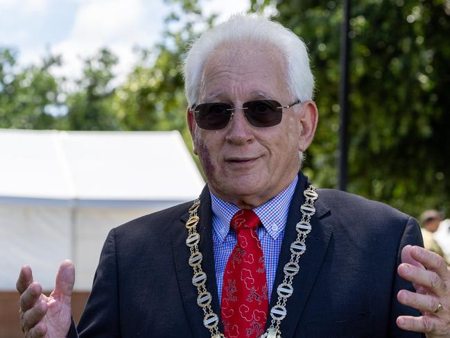 Lord Mayor of Darwin the Hon. Kon Vatskalis as hundreds gathered to commemorate the 83rd anniversary of the Bombing of Darwin at a ceremony at the Darwin Cenotaph on February 19, 2025. Picture: Pema Tamang Pakhrin