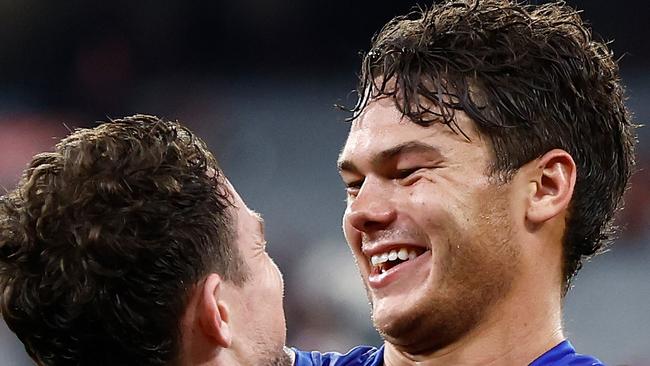 MELBOURNE, AUSTRALIA - APRIL 11: Lachie Neale (left) and Cam Rayner of the Lions celebrate during the 2024 AFL Round 05 match between the Melbourne Demons and the Brisbane Lions at the Melbourne Cricket Ground on April 11, 2024 in Melbourne, Australia. (Photo by Michael Willson/AFL Photos via Getty Images)