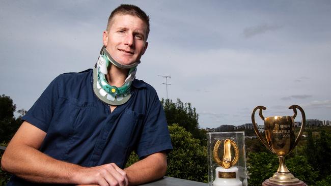 Champion jockey Brad Rawiller sustained compressed vertebrae fractures in a race fall last year. He's on the mend and looking to be back on a horse soon. Picture: Mark Stewart