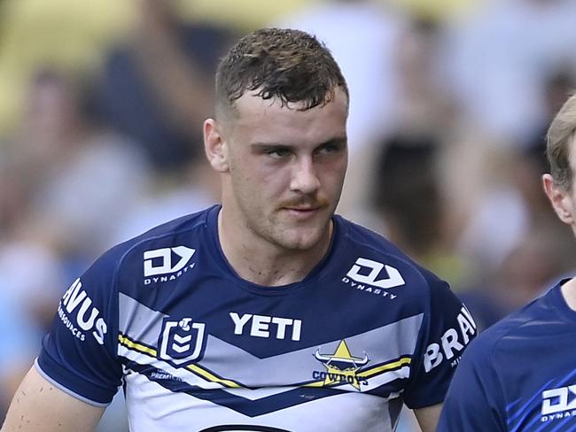 TOWNSVILLE, AUSTRALIA - APRIL 07: Zac Laybutt of the Cowboys comes form the field after being injured during the round five NRL match between North Queensland Cowboys and Gold Coast Titans at Qld Country Bank Stadium, on April 07, 2024, in Townsville, Australia. (Photo by Ian Hitchcock/Getty Images)