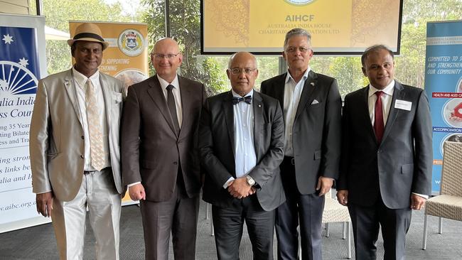 President of Australia India House Charitable Foundation Prof. Prasad Yarlagadda OAM, Blair MP Shayne Neumann, National Chair of Australia India Business Council (AIBC) Dr Jim Varghese AM, AIBC Qld Chapter President Nik Senapati, Federation of Indian Communities Queensland Advisory Council Adviser Dr Ram Mohan. Picture: Supplied