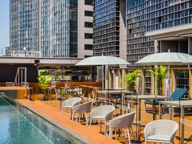 The rooftop pool and bar at The Old Clare Hotel, Sydney.