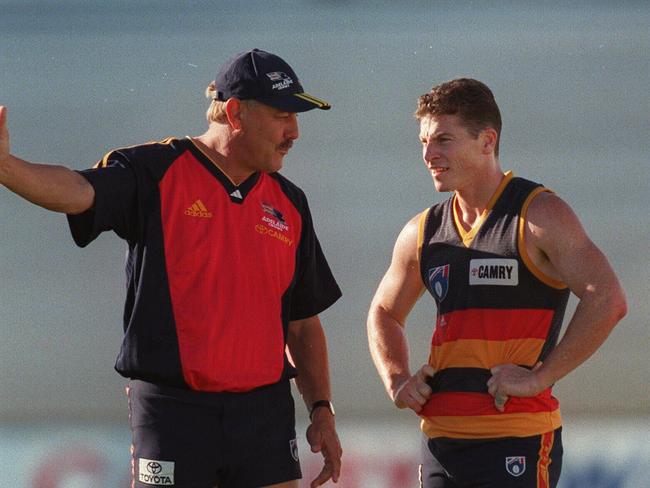 Crows coach Malcolm Blight with Mark Bickley.