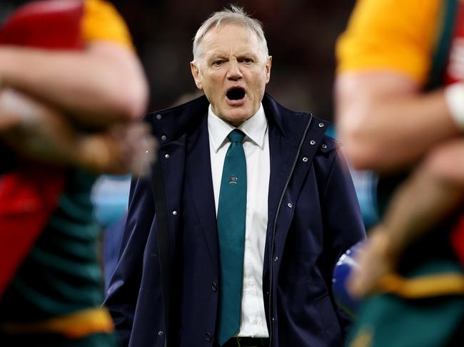 CARDIFF, WALES - NOVEMBER 17: Joe Schmidt, Head Coach of Australia, reacts as players of Australia warm up prior to the Autumn Nations Series 2024 match between Wales and Australia at the Principality Stadium on November 17, 2024 in Cardiff, Wales. (Photo by Michael Steele/Getty Images)