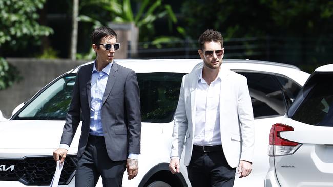 Former boyfriend of Toyah Cordingley Marco Heidenreich and friend Joel Cuman leave the Cairns Supreme Court on the first day of the pre-trial hearing for Rajwinder Singh. Picture: Brendan Radke