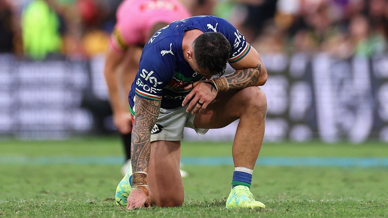 BRISBANE, AUSTRALIA - MAY 06: Charnze Nicole-Klokstad of the Warriors reacts after losing the round 10 NRL match between the New Zealand Warriors and Penrith Panthers at Suncorp Stadium on May 06, 2023 in Brisbane, Australia. (Photo by Cameron Spencer/Getty Images)