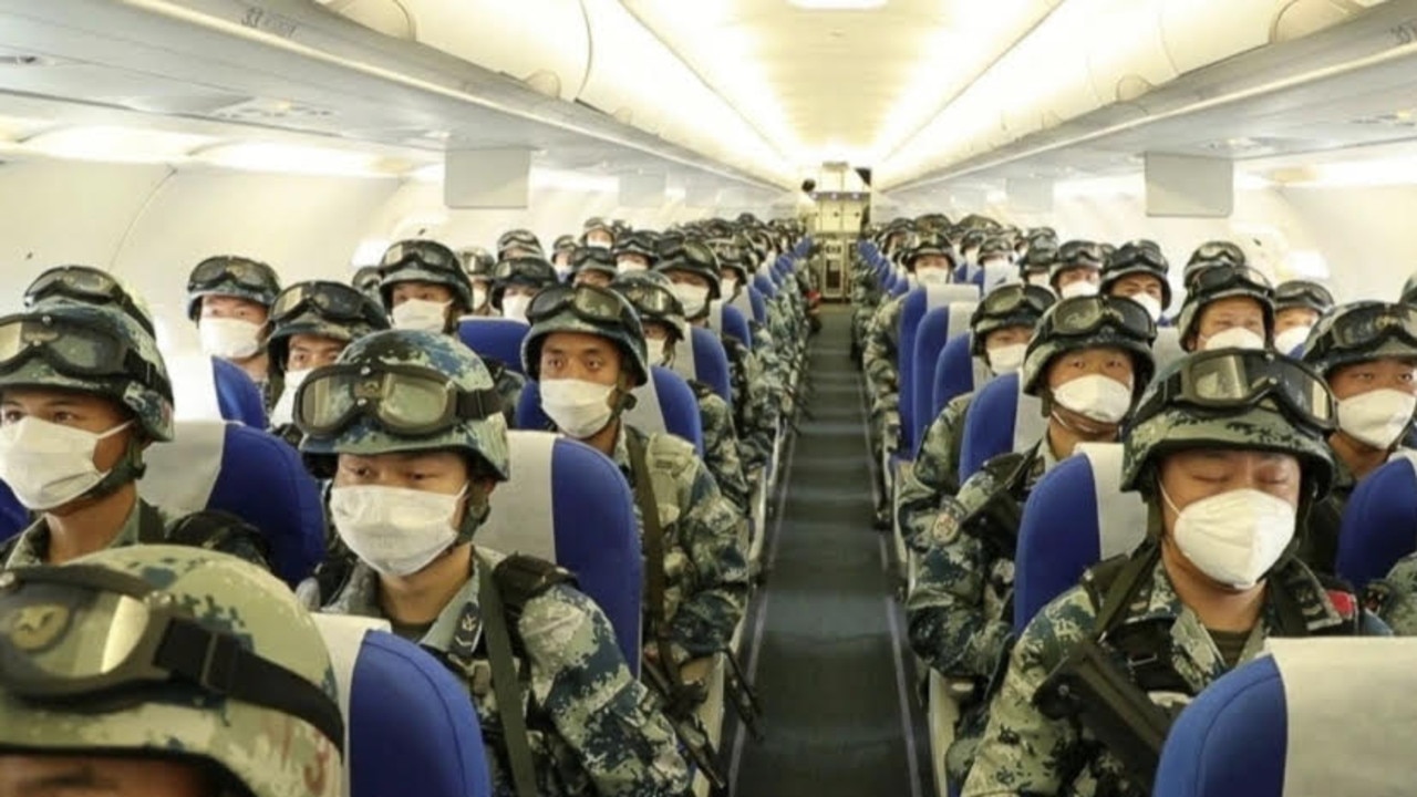 Chinese state media has shown images of a civilian plane full of troops as part of a drill that coincided with an ongoing border conflict with India. Picture: Weibo/CCTV