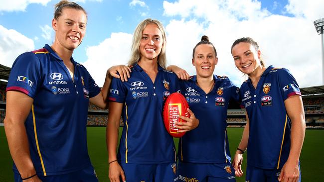 Britt Gibson, Kaitlyn Ashmore, Emma Zielke and Emily Bates are ready for the AFLW grand final. Picture: Adam Head