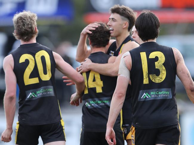 Torquay celebrate one of Jesse Dawson's four goals. Torquay v Geelong Amateur football. Picture: Alan Barber