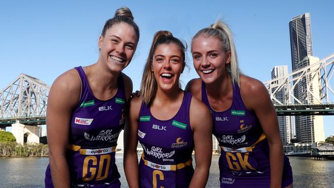 Firebirds players Kim Jenner, Lara Dunkley and Rudi Ellis at Howard Smith Wharves, Brisbane. Pics Tara Croser.