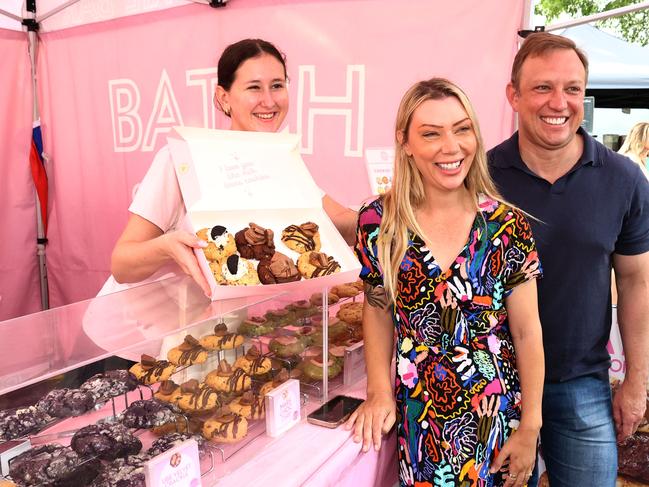 MILTON, AUSTRALIA Sunday 20th October 2024  Queensland Premier Steven Miles pictured visiting the Milton Markets with Member for Cooper Jonty Bush and stall holder Lisette Curran Picture David Clark