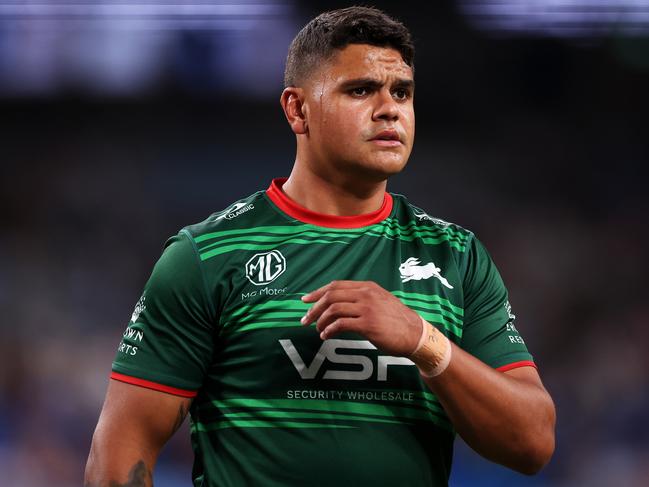 SYDNEY, AUSTRALIA - MARCH 17: Latrell Mitchell of the Rabbitohs looks on during the warm-up before the round three NRL match between Sydney Roosters and South Sydney Rabbitohs at Allianz Stadium on March 17, 2023 in Sydney, Australia. (Photo by Mark Kolbe/Getty Images)