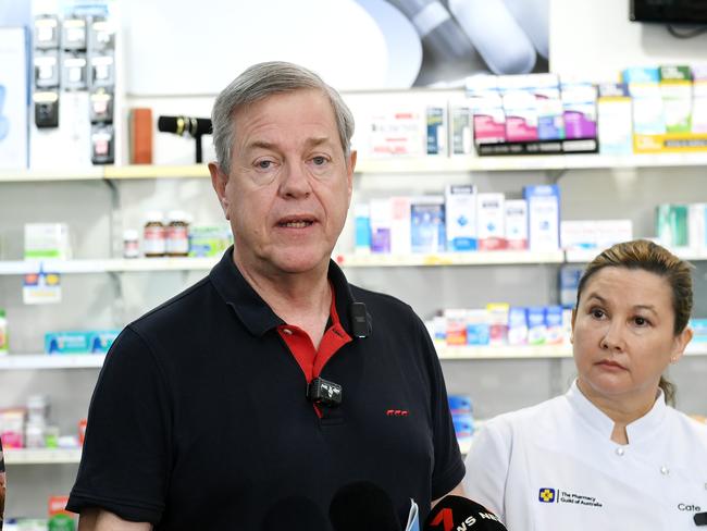 MP Natalie Marr, Minister for Health and Ambulance Services Tim Nicholls and Pharmacist and proprietor Cate's chemist, Cate Whalan, speak on the current flu season. Picture: Shae Beplate.