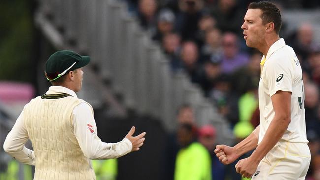 Josh Hazlewood after cleaning up Jason Roy. Picture: AFP