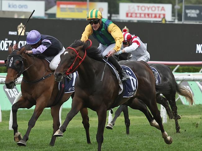 SYDNEY, AUSTRALIA - OCTOBER 19: Chad Schofield riding Ceolwulf wins Race 9 King Charles III Stakes during Sydney Racing - The Everest Day at Royal Randwick Racecourse on October 19, 2024 in Sydney, Australia. (Photo by Jeremy Ng/Getty Images)