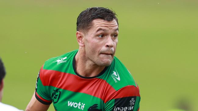 SYDNEY, AUSTRALIA - FEBRUARY 23: Braidon Burns of the Rabbitohs runs the ball during the NRL Pre-season challenge match between South Sydney Rabbitohs and Sydney Roosters at Belmore Sports Ground on February 23, 2024 in Sydney, Australia. (Photo by Jason McCawley/Getty Images)