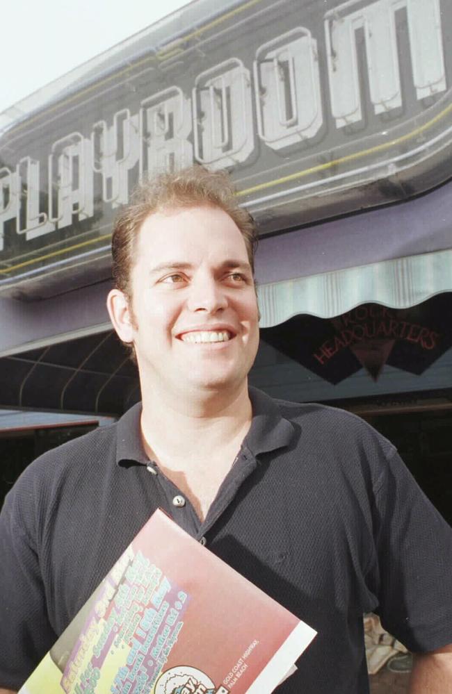 Former Playroom owner Archie Cox in front of the venue’s famous sign — the first item secured for HOTA’s upcoming gallery exhibition Let there be rock! Picture: Supplied.