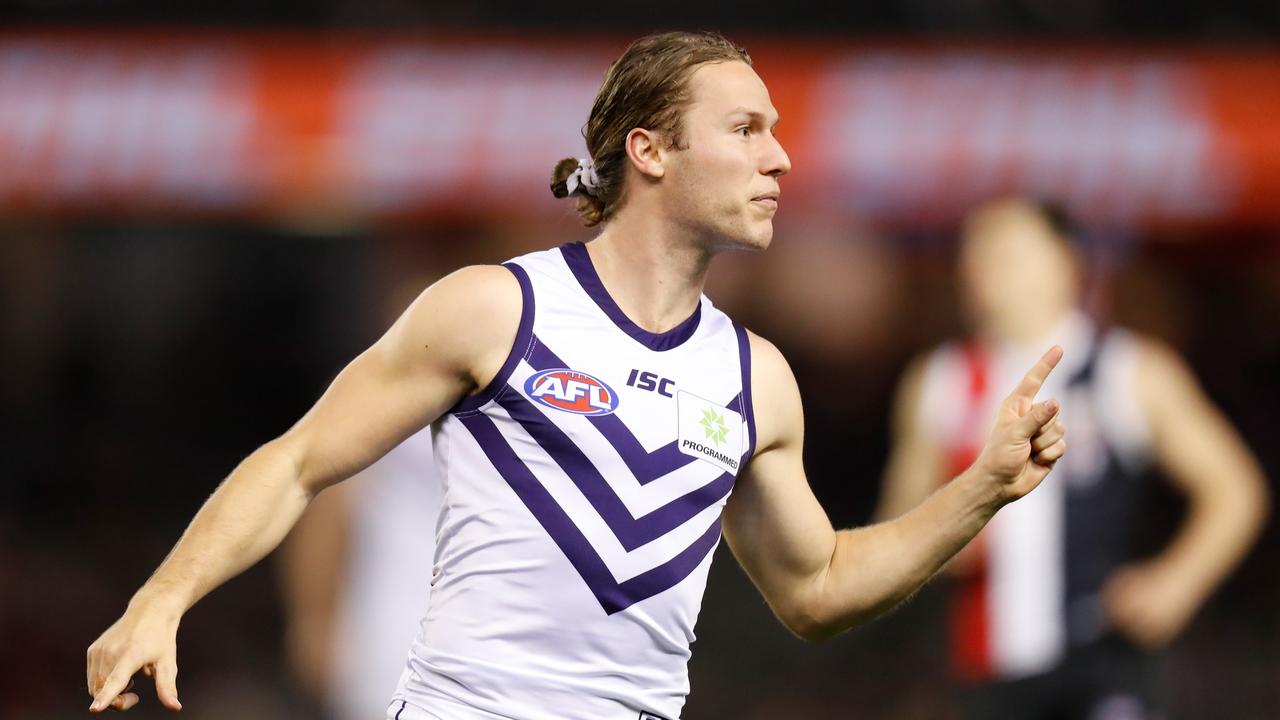 Langdon celebrates a goal for the Dockers in 2019. Picture: Michael Willson/AFL Photos/Getty Images