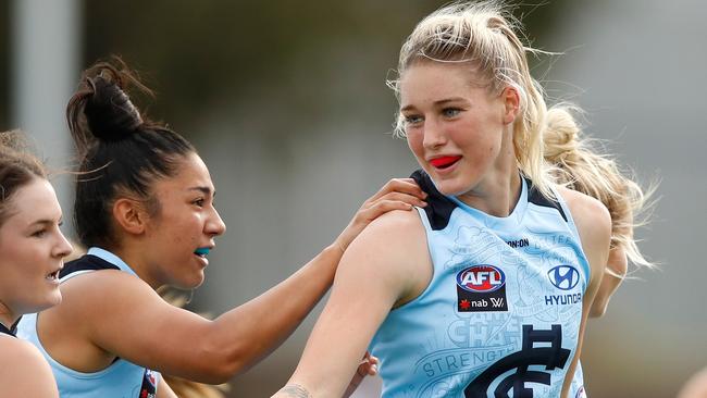 Darcy Vescio and Tayla Harris are tipped to form a devastating forward tandem for the Blues. Picture: AFL Media/Getty Images