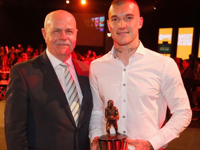 Dustin Martin with Leigh Matthews after whom the AFL Players' MVP award is named. Picture: Getty Images