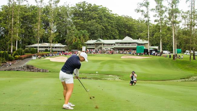 Winner Stephanie Kyriacou hits a short iron into the 18th green during the final round of the Australian Ladies Classic at beautiful Bonville. Photo: Tristan Jones