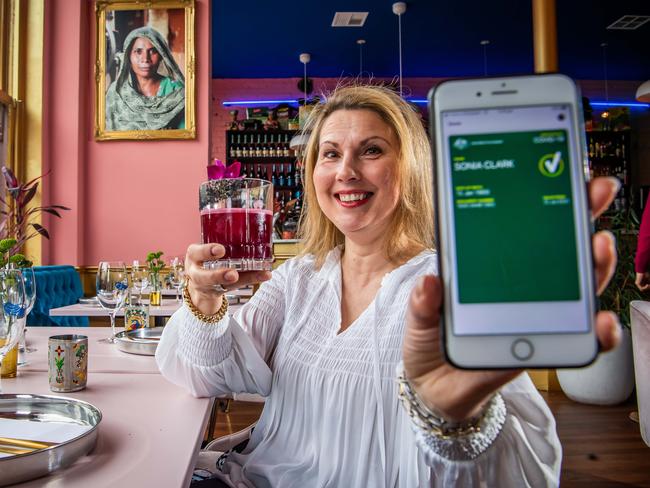 Sonia Clark who is fully vaccinated at Daughter in Law is offering a free drink to people who are vaccinated and can prove it, on August 2021, in Adelaide.Picture: Tom Huntley