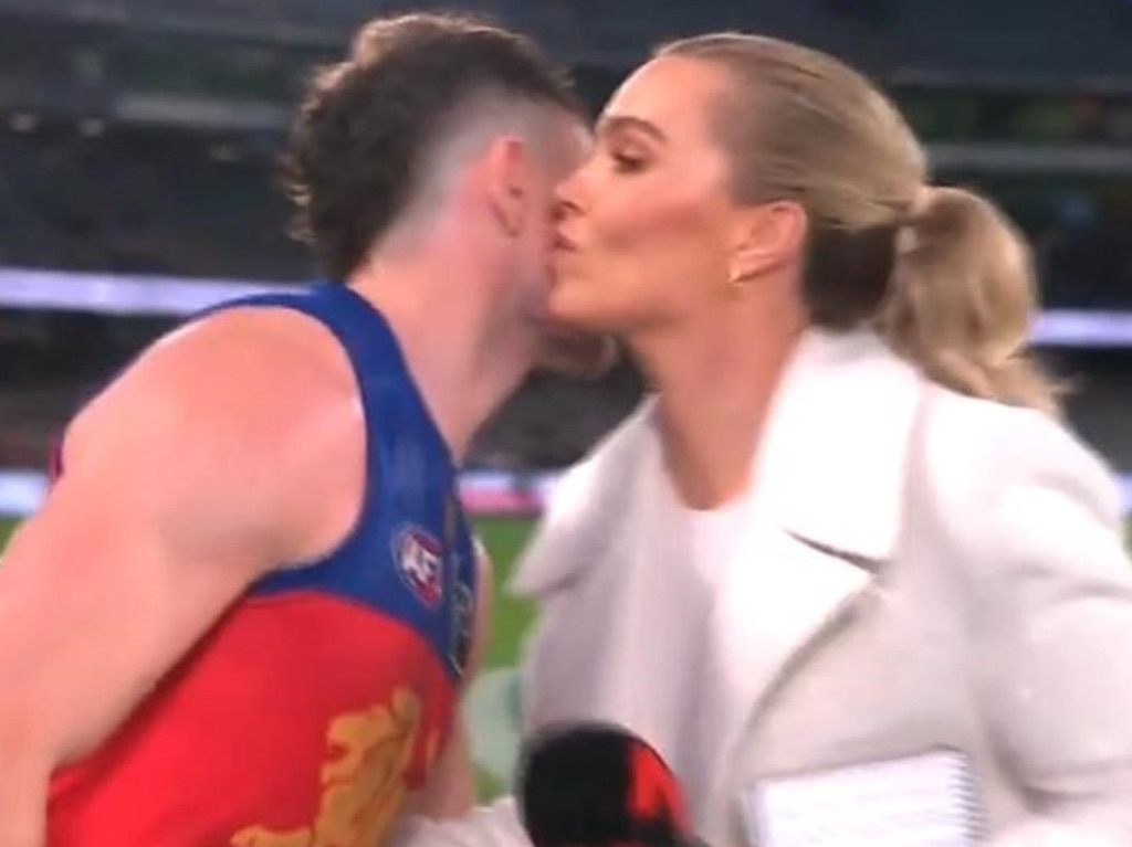 Abbey Holmes and Lachie Neale were scrutinised for a kiss on the cheek they shared on-air. Picture: Seven