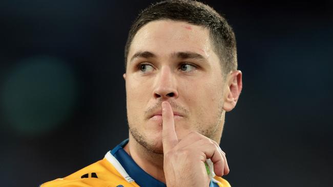 SYDNEY, AUSTRALIA - APRIL 10: Mitchell Moses of the Eels gestures to the crowd after kicking a conversion during the round six NRL match between Wests Tigers and Parramatta Eels at Accor Stadium on April 10, 2023 in Sydney, Australia. (Photo by Mark Metcalfe/Getty Images)