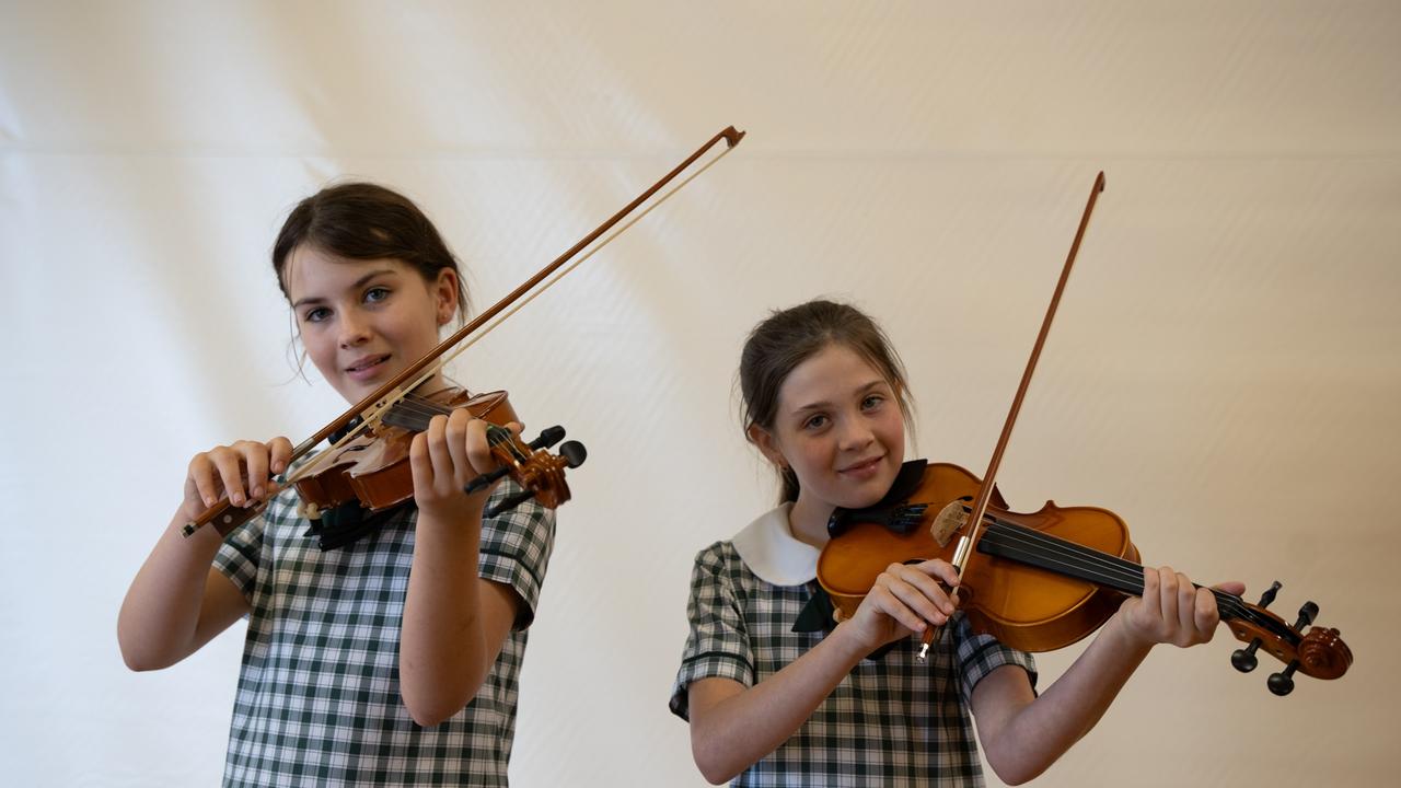 Victory College students Sophie Bridges and Isabella Deviney were given Highly Commended as a string duet (10 years and under) at the Gympie Eisteddfod. August 1, 2023. Picture: Christine Schindler