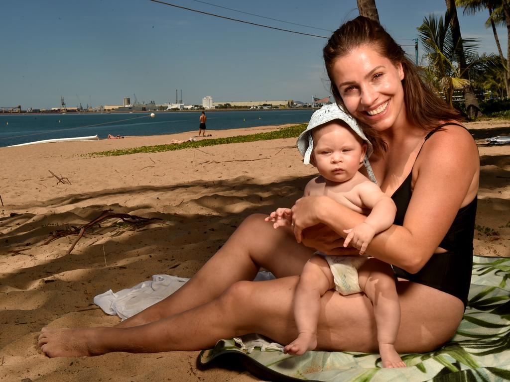 Townsville residents relaxing on the Strand after the relaxation of COVID-19 restrictions. Ellie Kalachoff with Kyle, 5 months, from Hermit Park. Picture: Evan Morgan