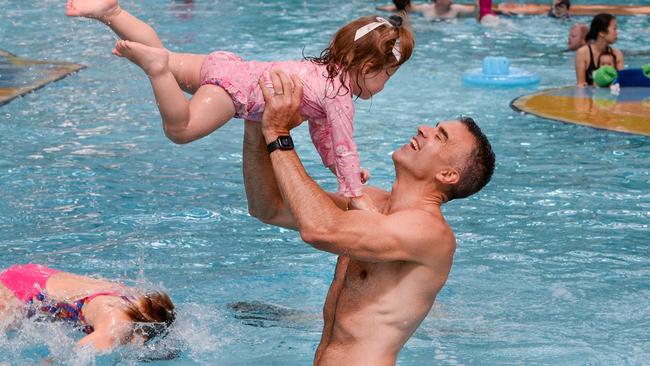 Labor Leader Peter Malinauskas with his daughter, Eliza, at the Adelaide Aquatic Centre on February 12. Picture: Brenton Edwards