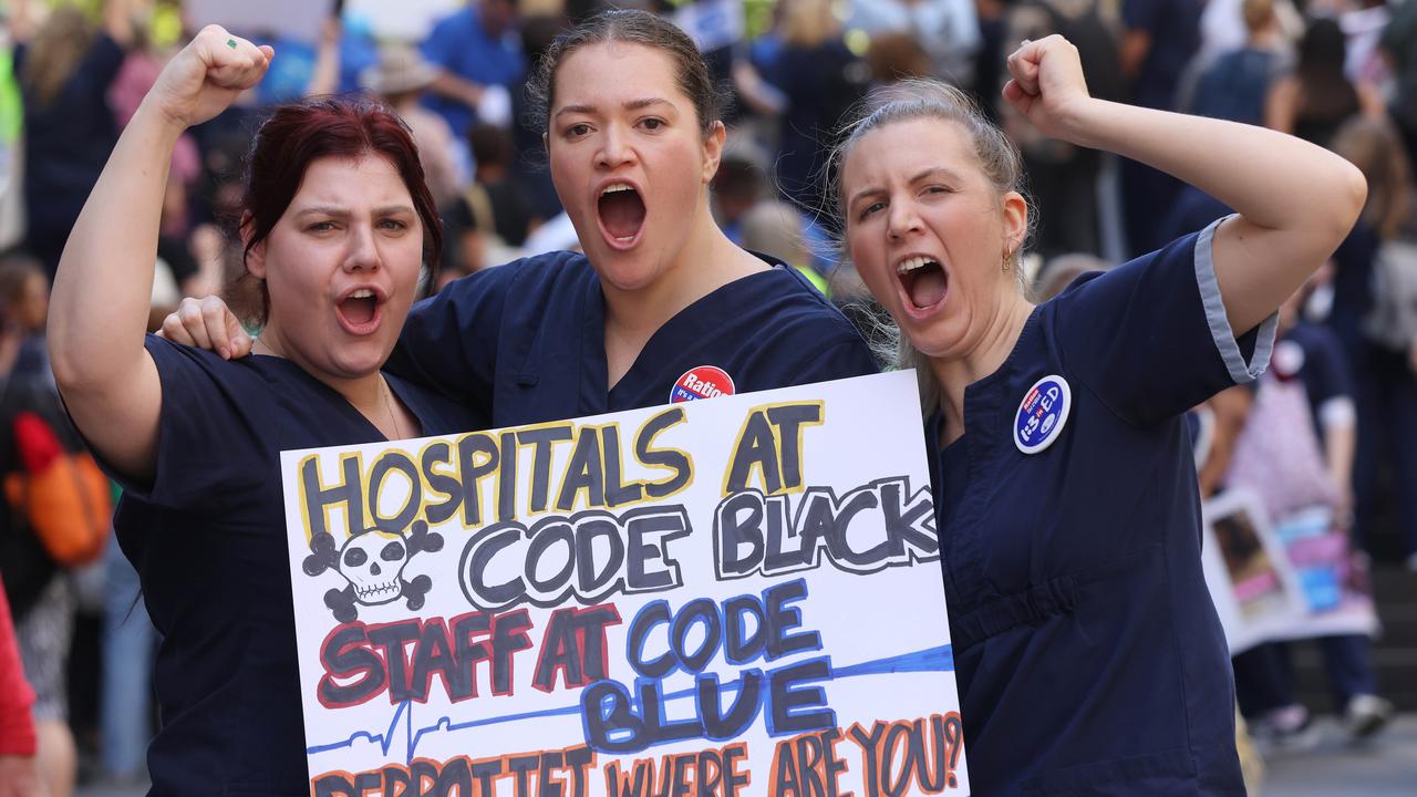 Nurses and Midwives, held their fourth strike last year and marched from Hyde Park and along Macquarie Street. Picture: NCA NewsWire / David Swift