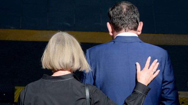 Daniel Andrews leaves a press conference with his wife Catherine after announcing his resignation. Picture: NCA NewsWire / Andrew Henshaw