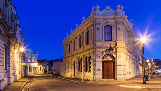 Oamaru, Otago, New Zealand, illuminated at twilight. The main subject is the Criterion Hotel. Picture: Alamy