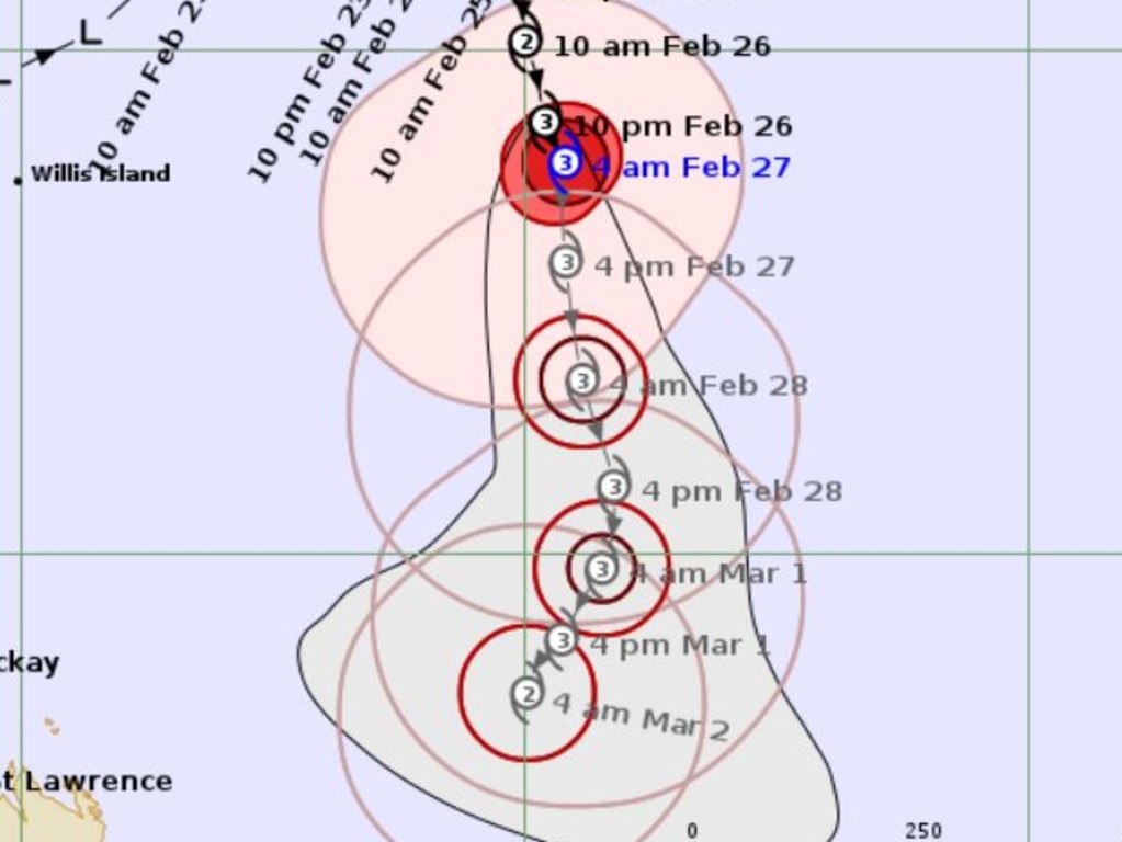 The weather bureau's Thursday morning mapping for Tropical Cyclone Alfred's predicted path, showing a peak intensity of category three.