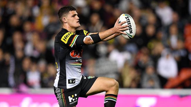 Nathan Cleary of the Panthers lines up a conversion kick.