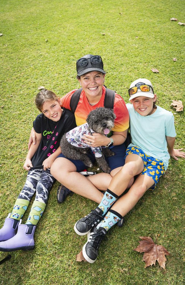 Ready to walk with Reagan are (from left) Lara, Leisa and Nixon Burrows at Toowoomba's Million Paws Walk at Queens Park, Friday, May 24, 2024. Picture: Kevin Farmer