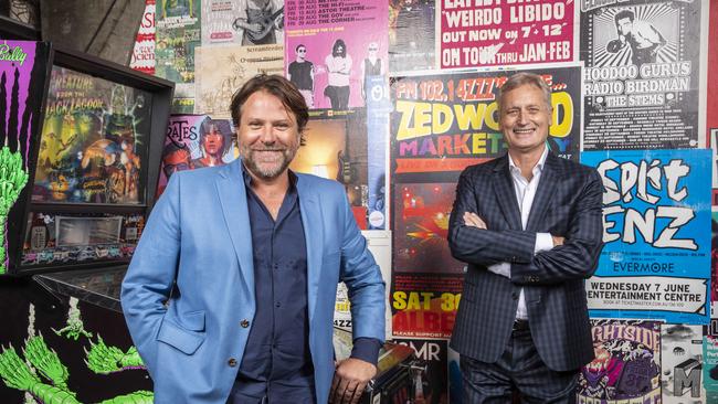 Former Powderfinger member John Collins and Scott Hutchinson (right), co-owners of Brisbane music venue The Triffid and the Fortitude Music Hall. Picture: Glenn Hunt / The Australian
