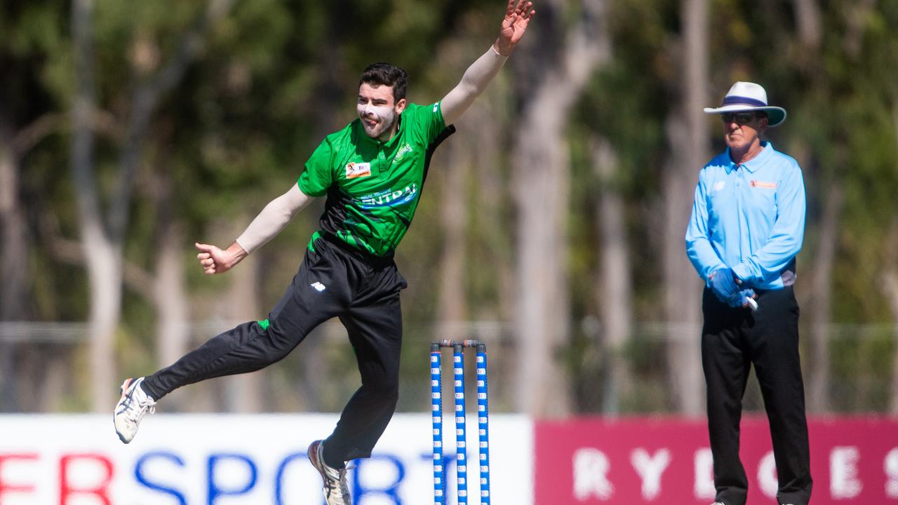 Ryan McElduff with his unique bowling action. Picture: Che Chorley