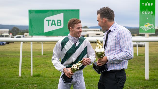 Gatton Cup winning jockey Les 'Bubba' Tilley, with trainer Brenton Andrew. PHOTO: Ali Kuchel