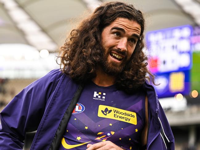 PERTH, AUSTRALIA - JULY 21: Alex Pearce of the Dockers after the win during the 2024 AFL Round 19 match between the Fremantle Dockers and the Melbourne Demons at Optus Stadium on July 21, 2024 in Perth, Australia. (Photo by Daniel Carson/AFL Photos via Getty Images)