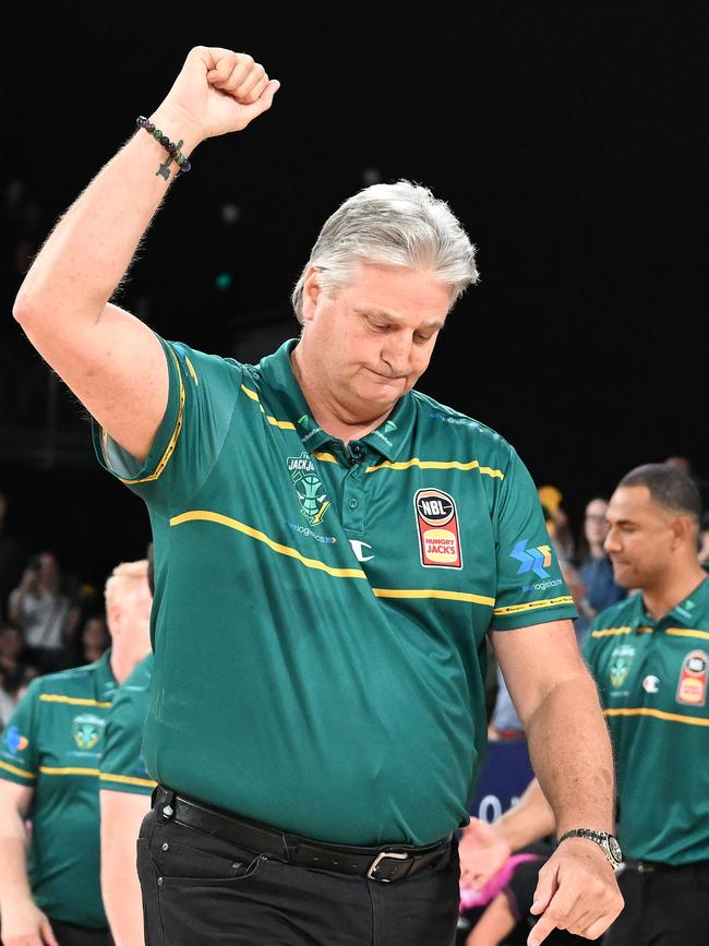 Scott Roth Head Coach of the Jackjumpers celebrates the win during game two of the NBL Semi Final series between Tasmania Jackjumpers and New Zealand Breakers at MyState Bank Arena, on February 16, 2023, in Hobart, Australia. (Photo by Steve Bell/Getty Images)