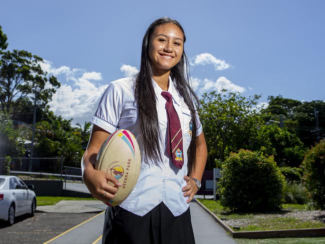 Keeba Park High student Skyla Adams, 16, has become the youngest player named in the Queensland Reds Super W Rugby team. Picture: Jerad Williams