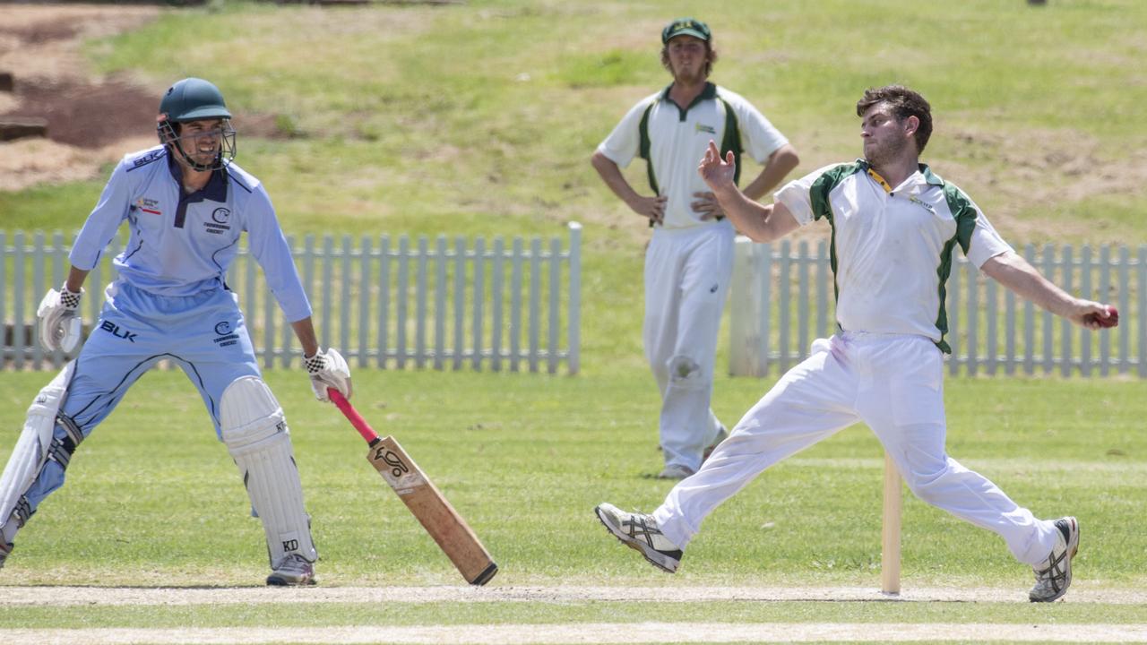 Codey Wegner bowls for Lockyer. Mitchell Shield, Toowoomba vs Lockyer. Sunday, January 23, 2022. Picture: Nev Madsen.