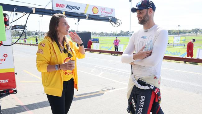 De Silvestro chats with defending Supercars champion Shane van Gisbergen after arriving in Australia for Bathurst. Picture: Supplied