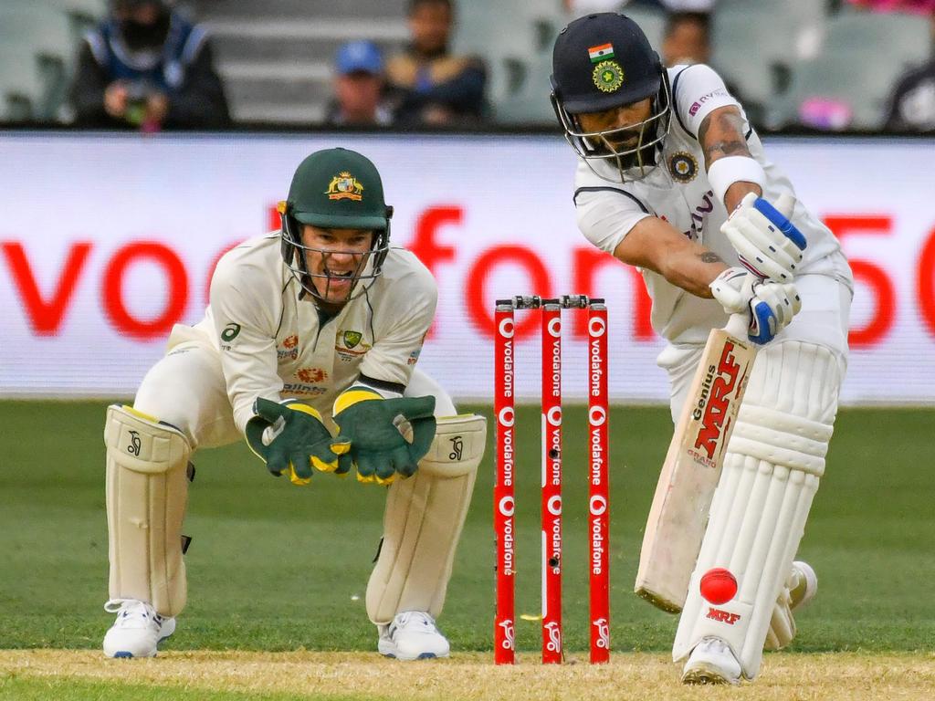 India's captain Virat Kohli plays a defensive shot.