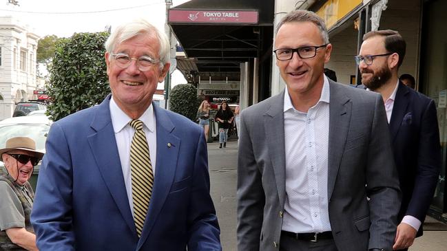 Julian Burnside and Greens leader Richard Di Natale in the seat of Kooyong. Picture: Stuart McEvoy