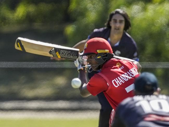 Ash Chandrasinghe batting for Casey in Victorian district cricket. Picture: Valeriu Campan
